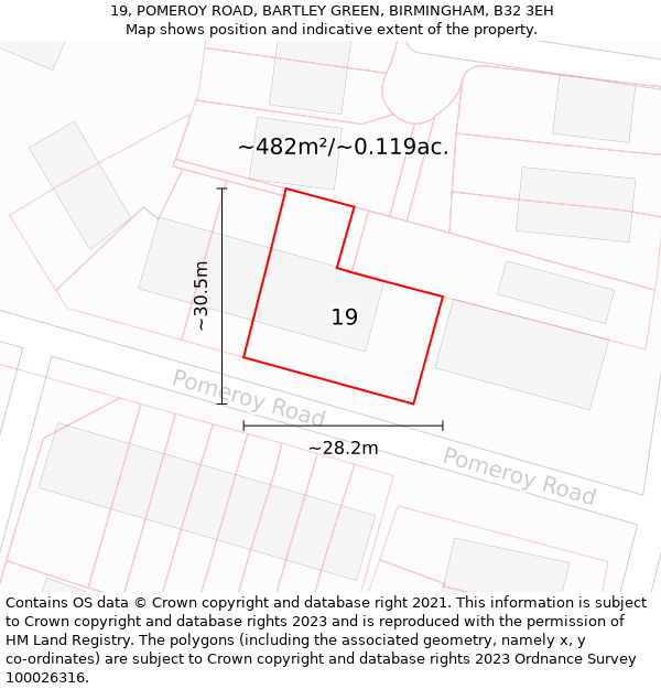 19, POMEROY ROAD, BARTLEY GREEN, BIRMINGHAM, B32 3EH: Plot and title map