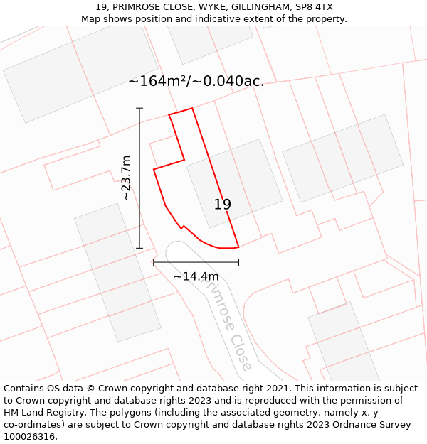 19, PRIMROSE CLOSE, WYKE, GILLINGHAM, SP8 4TX: Plot and title map