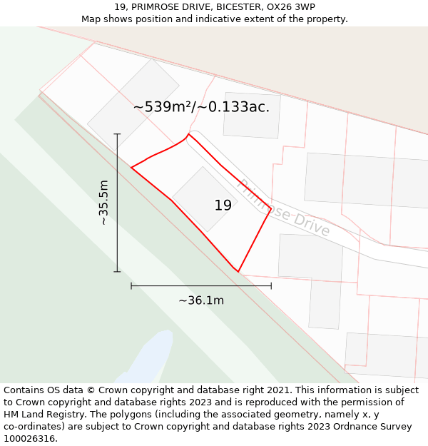 19, PRIMROSE DRIVE, BICESTER, OX26 3WP: Plot and title map