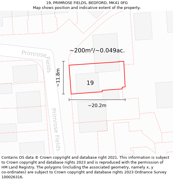 19, PRIMROSE FIELDS, BEDFORD, MK41 0FG: Plot and title map