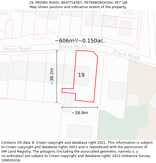 19, PRIORS ROAD, WHITTLESEY, PETERBOROUGH, PE7 1JR: Plot and title map