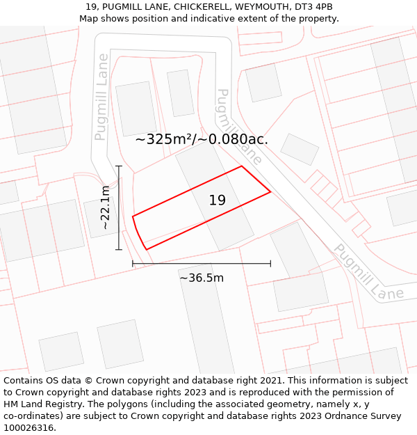 19, PUGMILL LANE, CHICKERELL, WEYMOUTH, DT3 4PB: Plot and title map