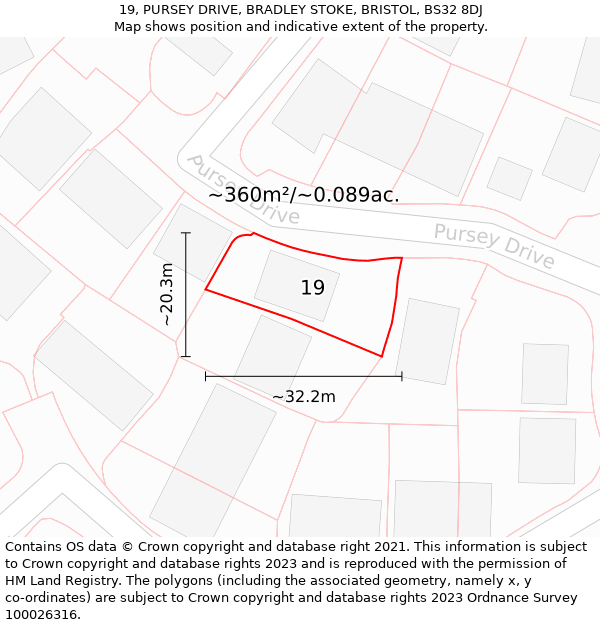 19, PURSEY DRIVE, BRADLEY STOKE, BRISTOL, BS32 8DJ: Plot and title map