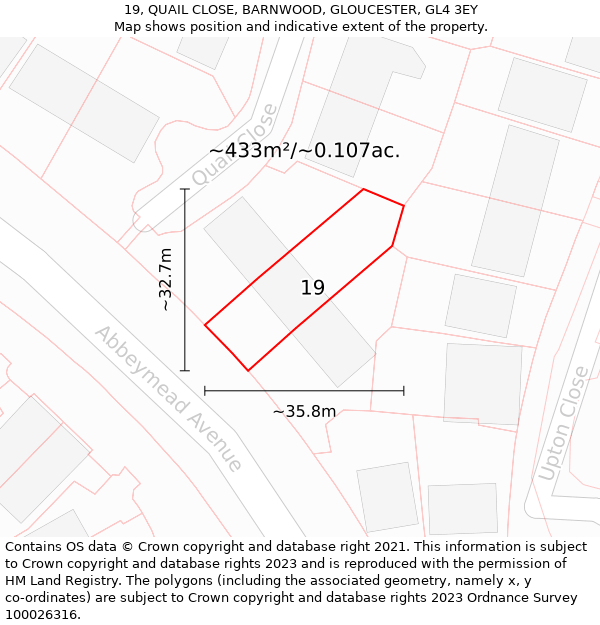 19, QUAIL CLOSE, BARNWOOD, GLOUCESTER, GL4 3EY: Plot and title map