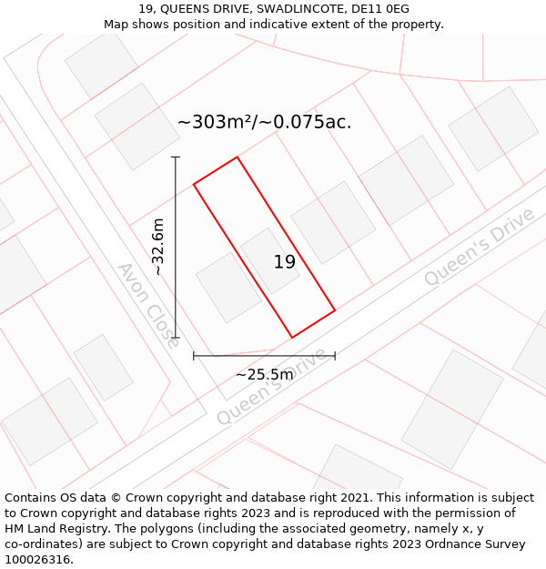 19, QUEENS DRIVE, SWADLINCOTE, DE11 0EG: Plot and title map