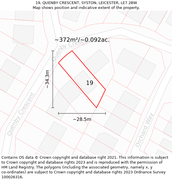 19, QUENBY CRESCENT, SYSTON, LEICESTER, LE7 2BW: Plot and title map