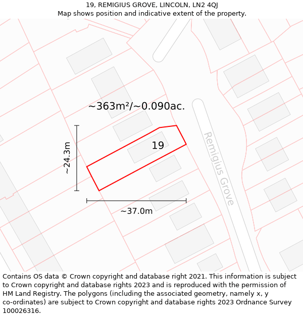 19, REMIGIUS GROVE, LINCOLN, LN2 4QJ: Plot and title map