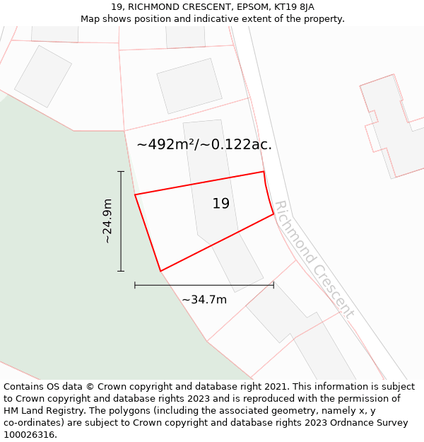 19, RICHMOND CRESCENT, EPSOM, KT19 8JA: Plot and title map