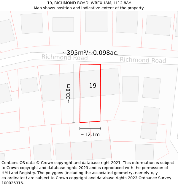 19, RICHMOND ROAD, WREXHAM, LL12 8AA: Plot and title map