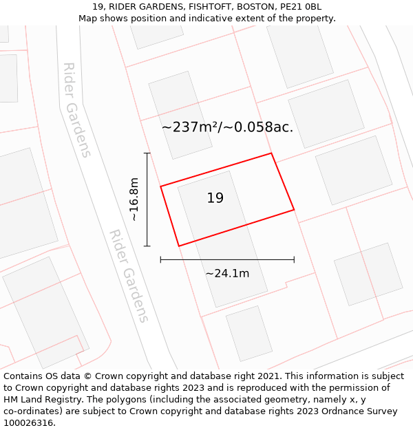 19, RIDER GARDENS, FISHTOFT, BOSTON, PE21 0BL: Plot and title map