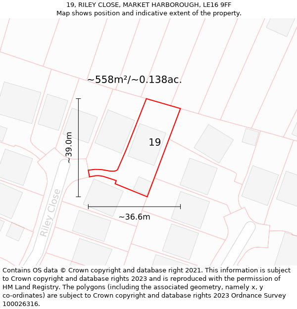 19, RILEY CLOSE, MARKET HARBOROUGH, LE16 9FF: Plot and title map