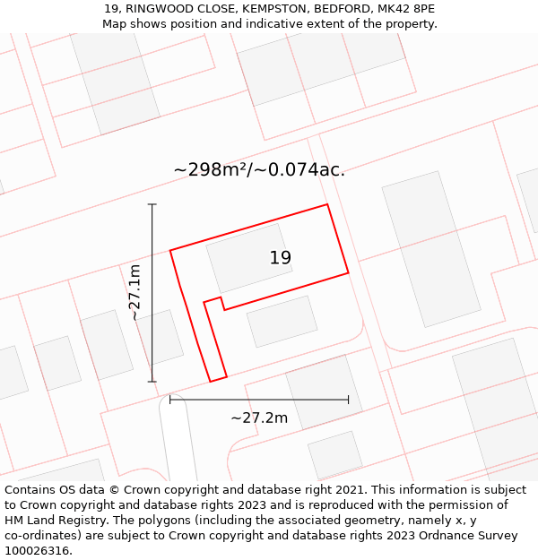 19, RINGWOOD CLOSE, KEMPSTON, BEDFORD, MK42 8PE: Plot and title map