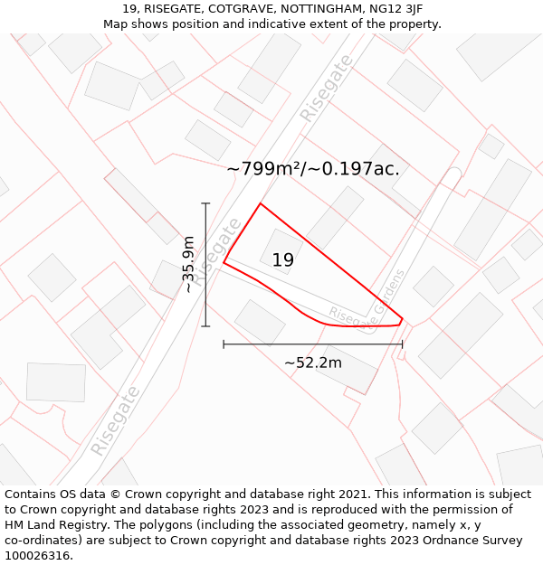 19, RISEGATE, COTGRAVE, NOTTINGHAM, NG12 3JF: Plot and title map