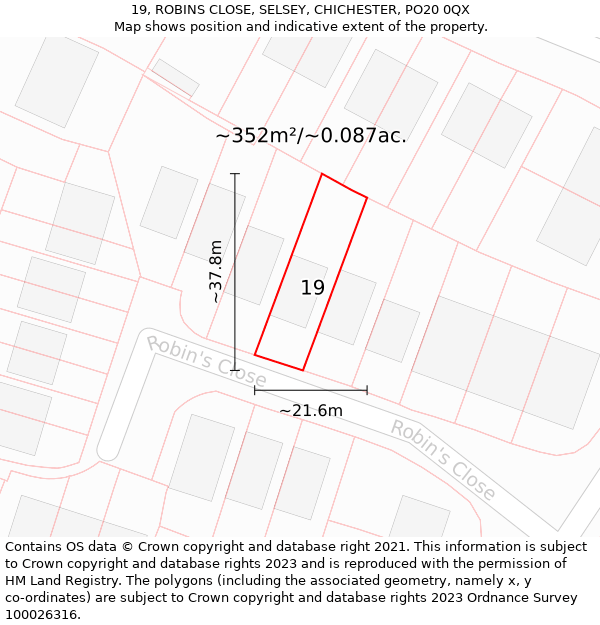 19, ROBINS CLOSE, SELSEY, CHICHESTER, PO20 0QX: Plot and title map