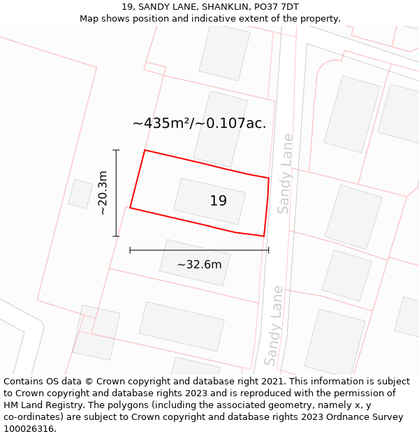 19, SANDY LANE, SHANKLIN, PO37 7DT: Plot and title map