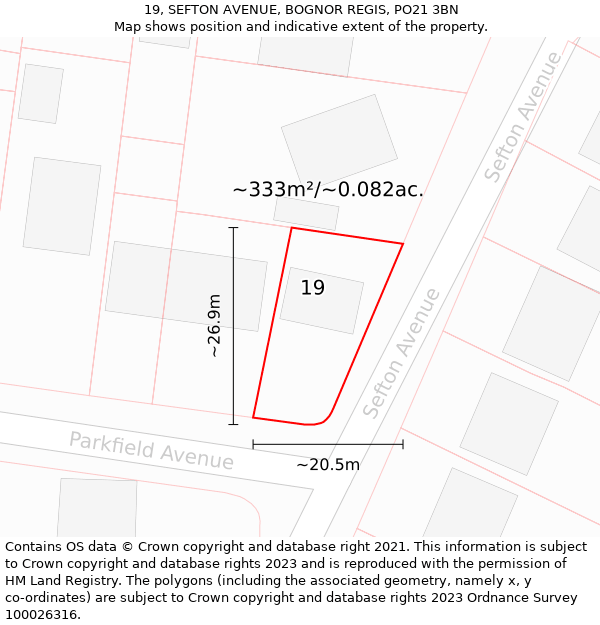 19, SEFTON AVENUE, BOGNOR REGIS, PO21 3BN: Plot and title map