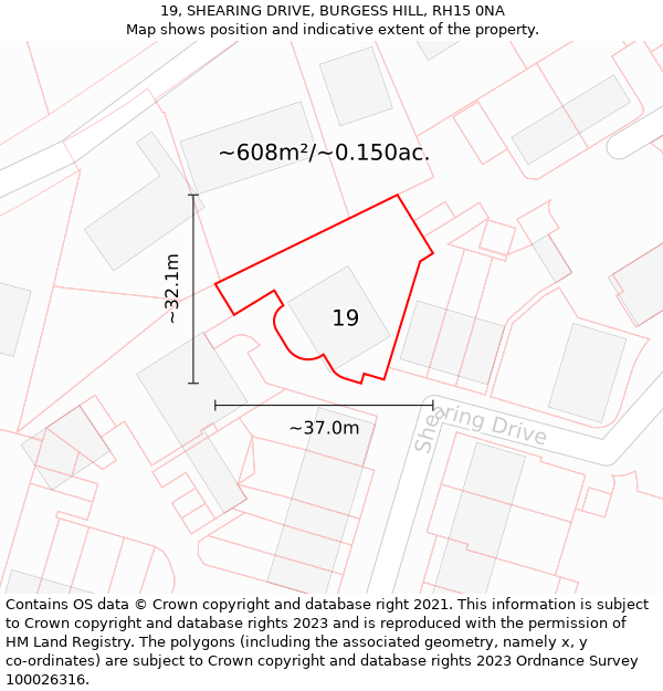 19, SHEARING DRIVE, BURGESS HILL, RH15 0NA: Plot and title map