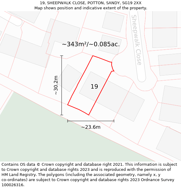 19, SHEEPWALK CLOSE, POTTON, SANDY, SG19 2XX: Plot and title map