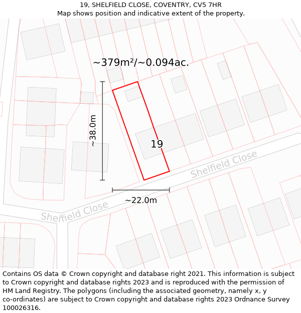 19, SHELFIELD CLOSE, COVENTRY, CV5 7HR: Plot and title map