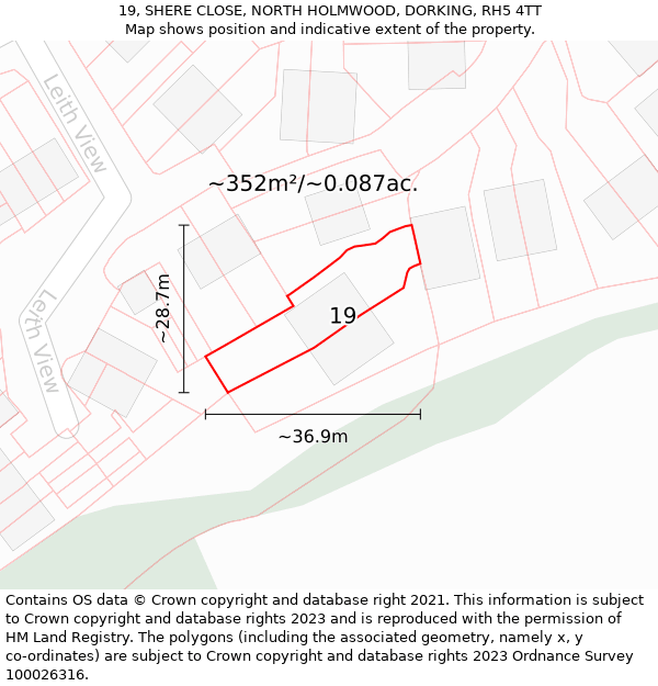 19, SHERE CLOSE, NORTH HOLMWOOD, DORKING, RH5 4TT: Plot and title map