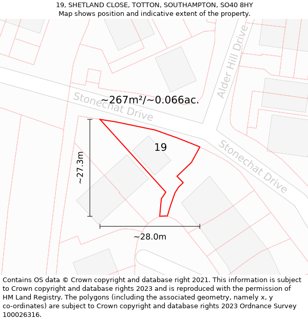 19, SHETLAND CLOSE, TOTTON, SOUTHAMPTON, SO40 8HY: Plot and title map