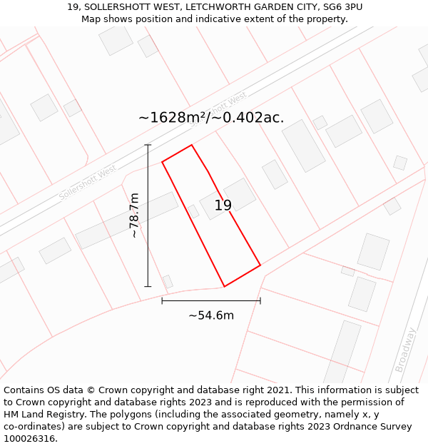 19, SOLLERSHOTT WEST, LETCHWORTH GARDEN CITY, SG6 3PU: Plot and title map