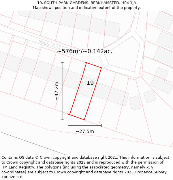 19, SOUTH PARK GARDENS, BERKHAMSTED, HP4 1JA: Plot and title map