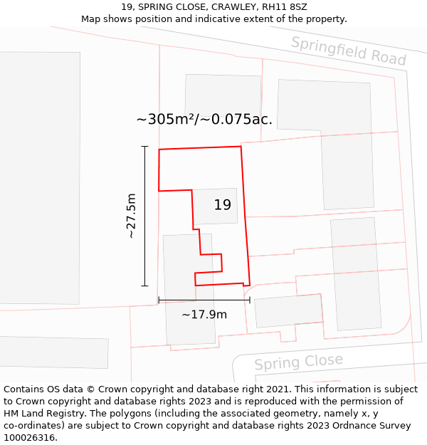 19, SPRING CLOSE, CRAWLEY, RH11 8SZ: Plot and title map