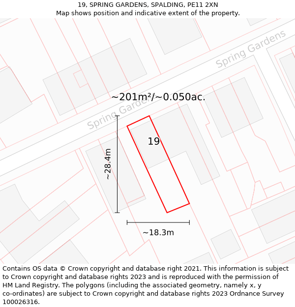 19, SPRING GARDENS, SPALDING, PE11 2XN: Plot and title map