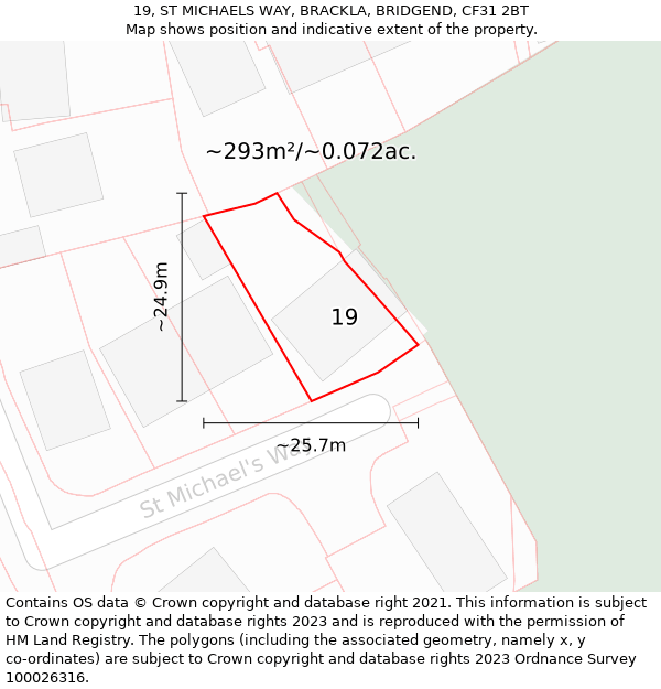 19, ST MICHAELS WAY, BRACKLA, BRIDGEND, CF31 2BT: Plot and title map