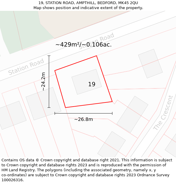 19, STATION ROAD, AMPTHILL, BEDFORD, MK45 2QU: Plot and title map