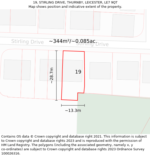 19, STIRLING DRIVE, THURNBY, LEICESTER, LE7 9QT: Plot and title map