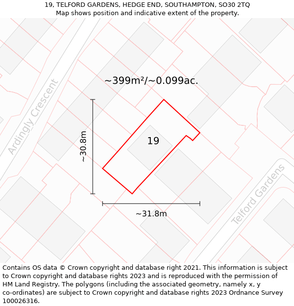 19, TELFORD GARDENS, HEDGE END, SOUTHAMPTON, SO30 2TQ: Plot and title map