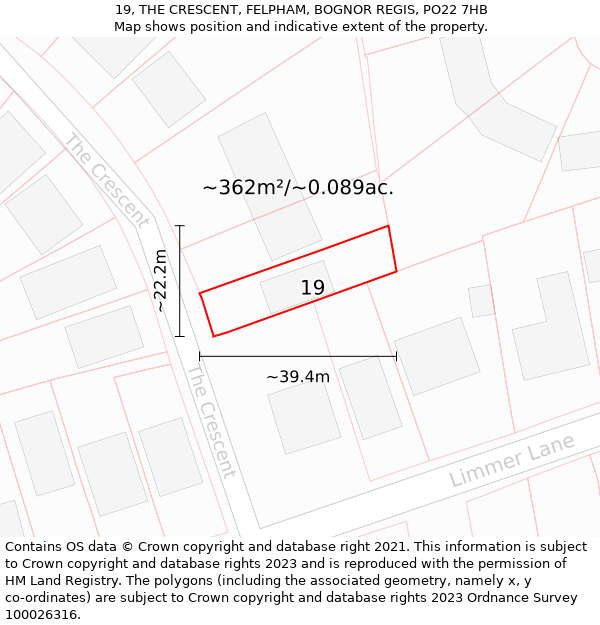 19, THE CRESCENT, FELPHAM, BOGNOR REGIS, PO22 7HB: Plot and title map