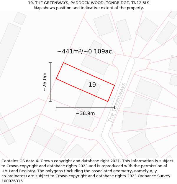 19, THE GREENWAYS, PADDOCK WOOD, TONBRIDGE, TN12 6LS: Plot and title map