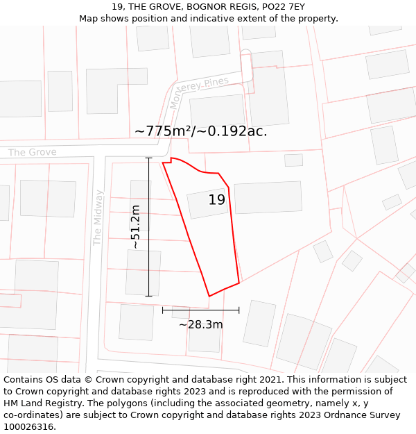 19, THE GROVE, BOGNOR REGIS, PO22 7EY: Plot and title map