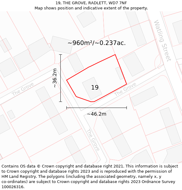 19, THE GROVE, RADLETT, WD7 7NF: Plot and title map