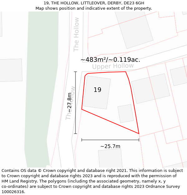 19, THE HOLLOW, LITTLEOVER, DERBY, DE23 6GH: Plot and title map
