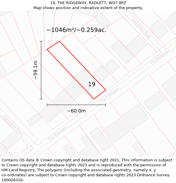 19, THE RIDGEWAY, RADLETT, WD7 8PZ: Plot and title map