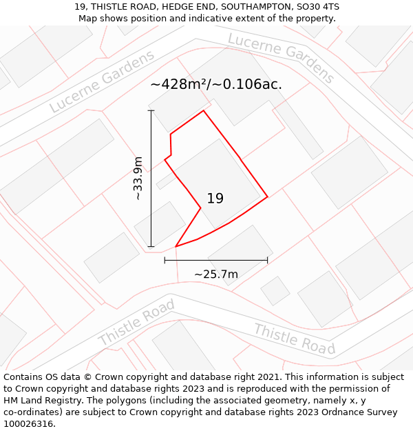 19, THISTLE ROAD, HEDGE END, SOUTHAMPTON, SO30 4TS: Plot and title map