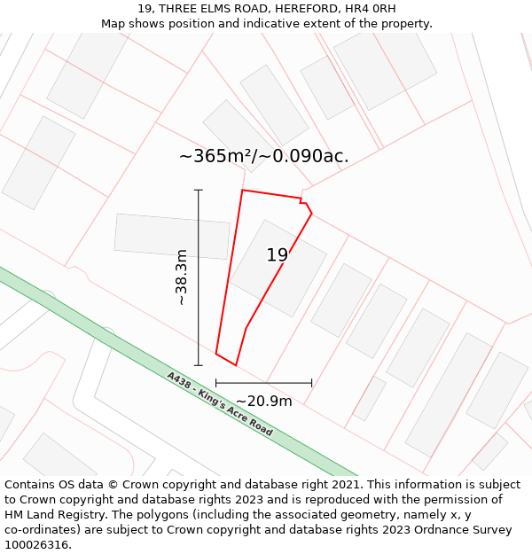 19, THREE ELMS ROAD, HEREFORD, HR4 0RH: Plot and title map