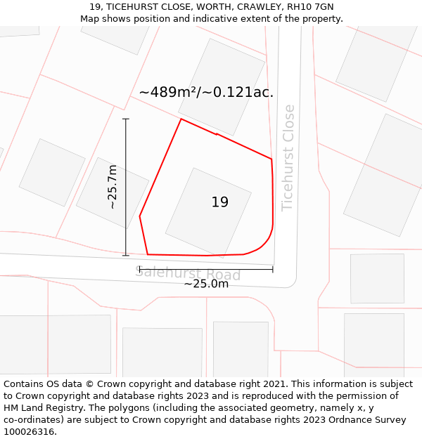 19, TICEHURST CLOSE, WORTH, CRAWLEY, RH10 7GN: Plot and title map