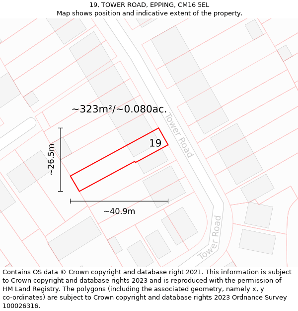 19, TOWER ROAD, EPPING, CM16 5EL: Plot and title map