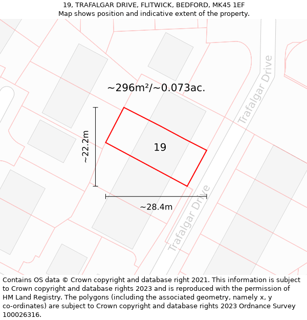 19, TRAFALGAR DRIVE, FLITWICK, BEDFORD, MK45 1EF: Plot and title map