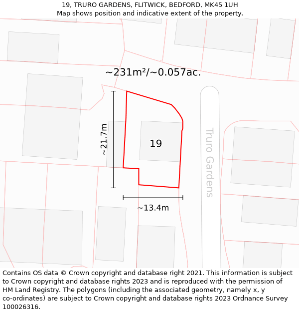 19, TRURO GARDENS, FLITWICK, BEDFORD, MK45 1UH: Plot and title map