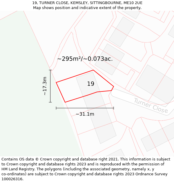 19, TURNER CLOSE, KEMSLEY, SITTINGBOURNE, ME10 2UE: Plot and title map