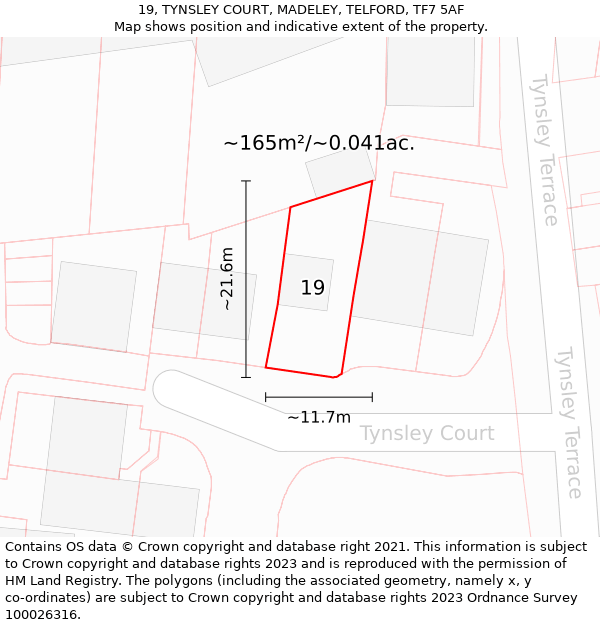 19, TYNSLEY COURT, MADELEY, TELFORD, TF7 5AF: Plot and title map