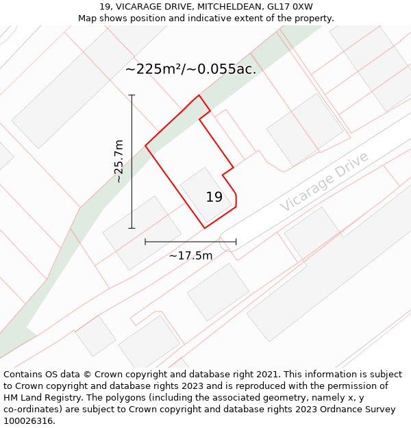 19, VICARAGE DRIVE, MITCHELDEAN, GL17 0XW: Plot and title map