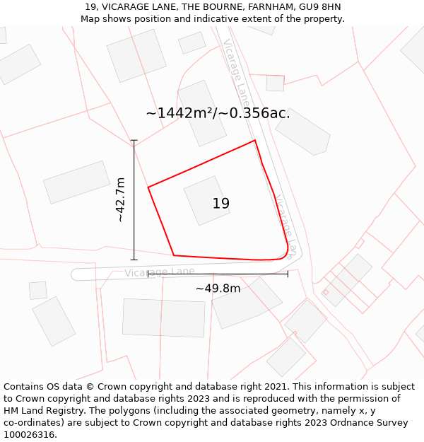 19, VICARAGE LANE, THE BOURNE, FARNHAM, GU9 8HN: Plot and title map