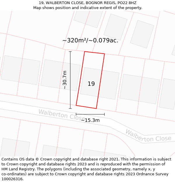 19, WALBERTON CLOSE, BOGNOR REGIS, PO22 8HZ: Plot and title map